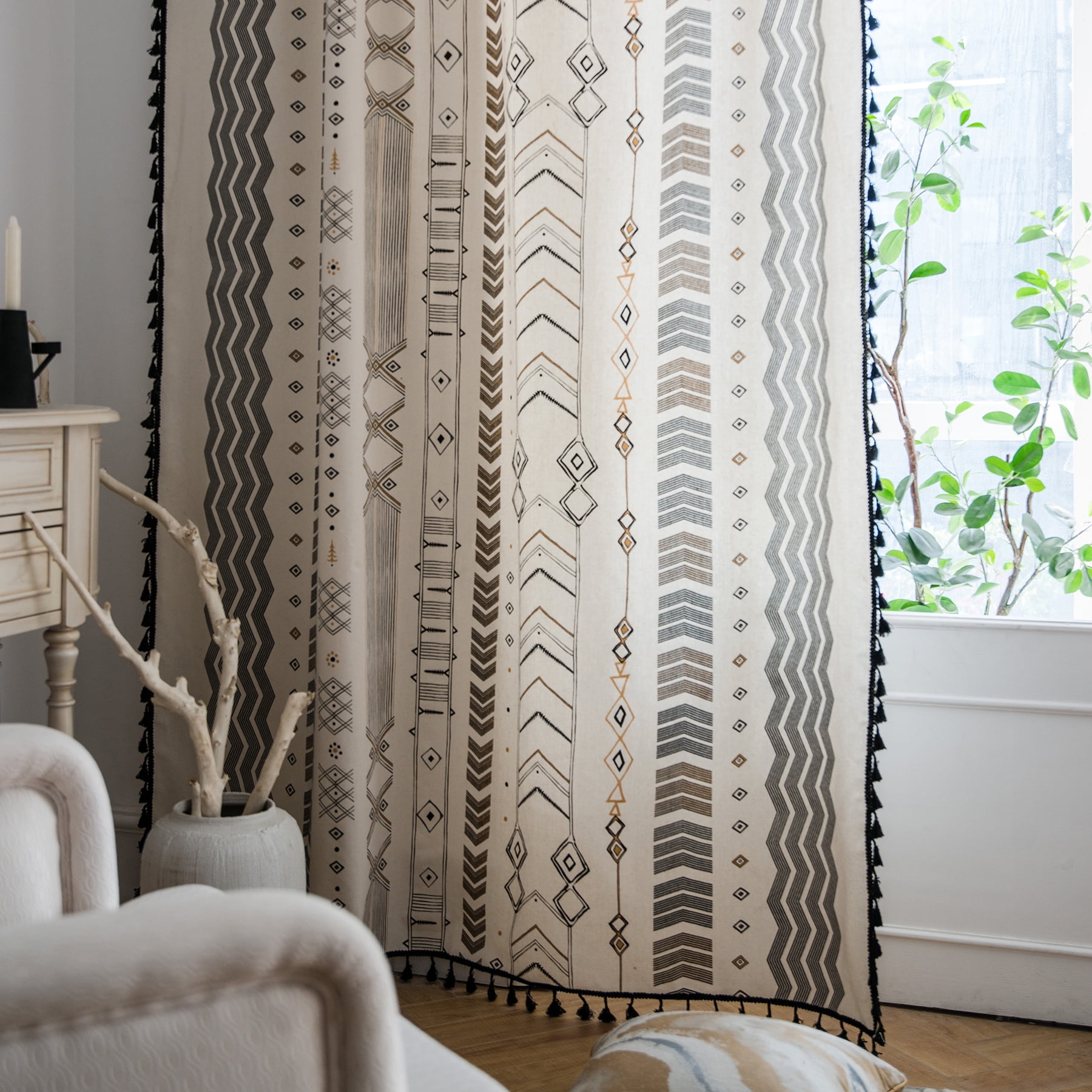 VOGOL Vintage Geometry Striped Curtains, Rod Pocket Farmhouse Bohemian Window Drapes for Kids Bedroom, 59 x 79 Inches, 1 Panel, Black