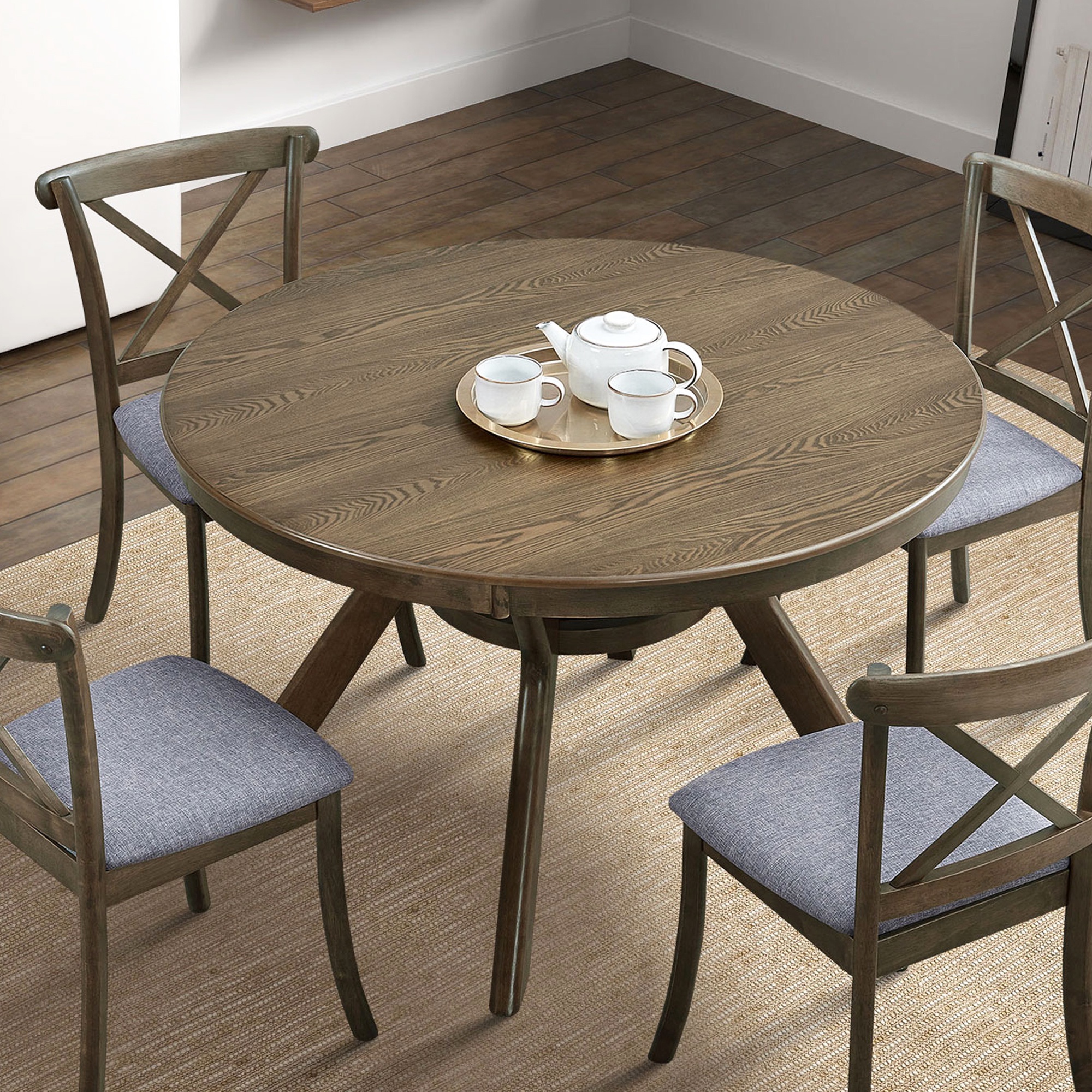 PORKISS 47" Round Dining Table for 4 People, Coffee Table, Modern Farmhouse Wooden Kitchen Table with Storage Shelf, Living Room, Oak (Chairs Not Included)