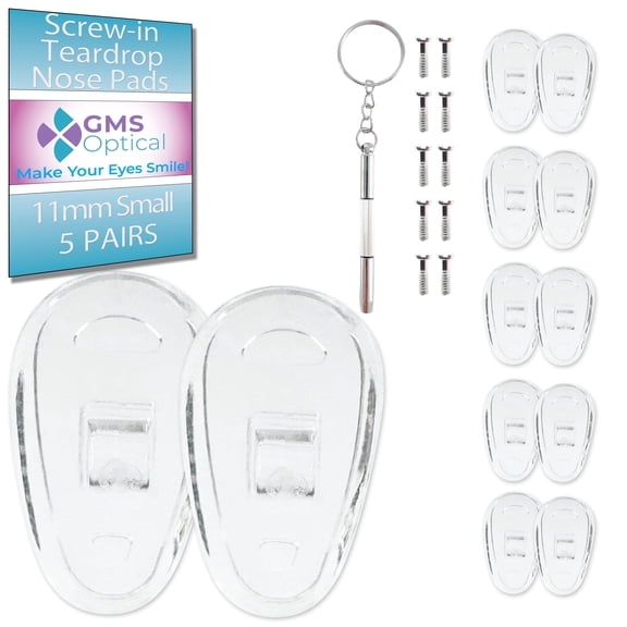 GMS Optical Tear Drop Screw-In Silicone Nose Pads for Glasses – Extra Small 11mm Length, 6mm Width, with Screws & Screwdriver (5 Pair, Clear)