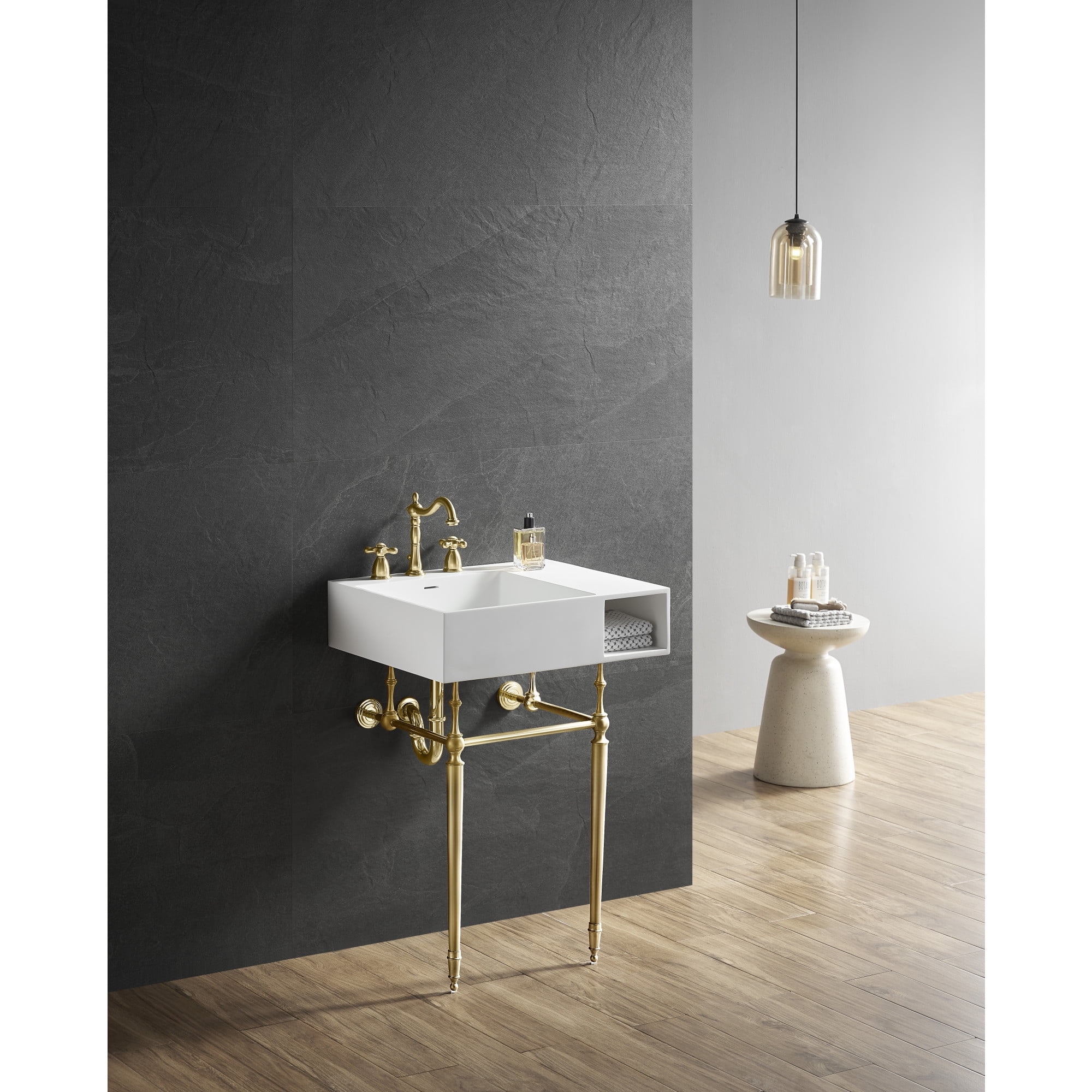 Kingston Brass KVPB3248SQA7 Aurelius 24-Inch Solid Surface Console Sink with Brass Legs (8-Inch, 3-Hole) in Matte White/Brushed Brass