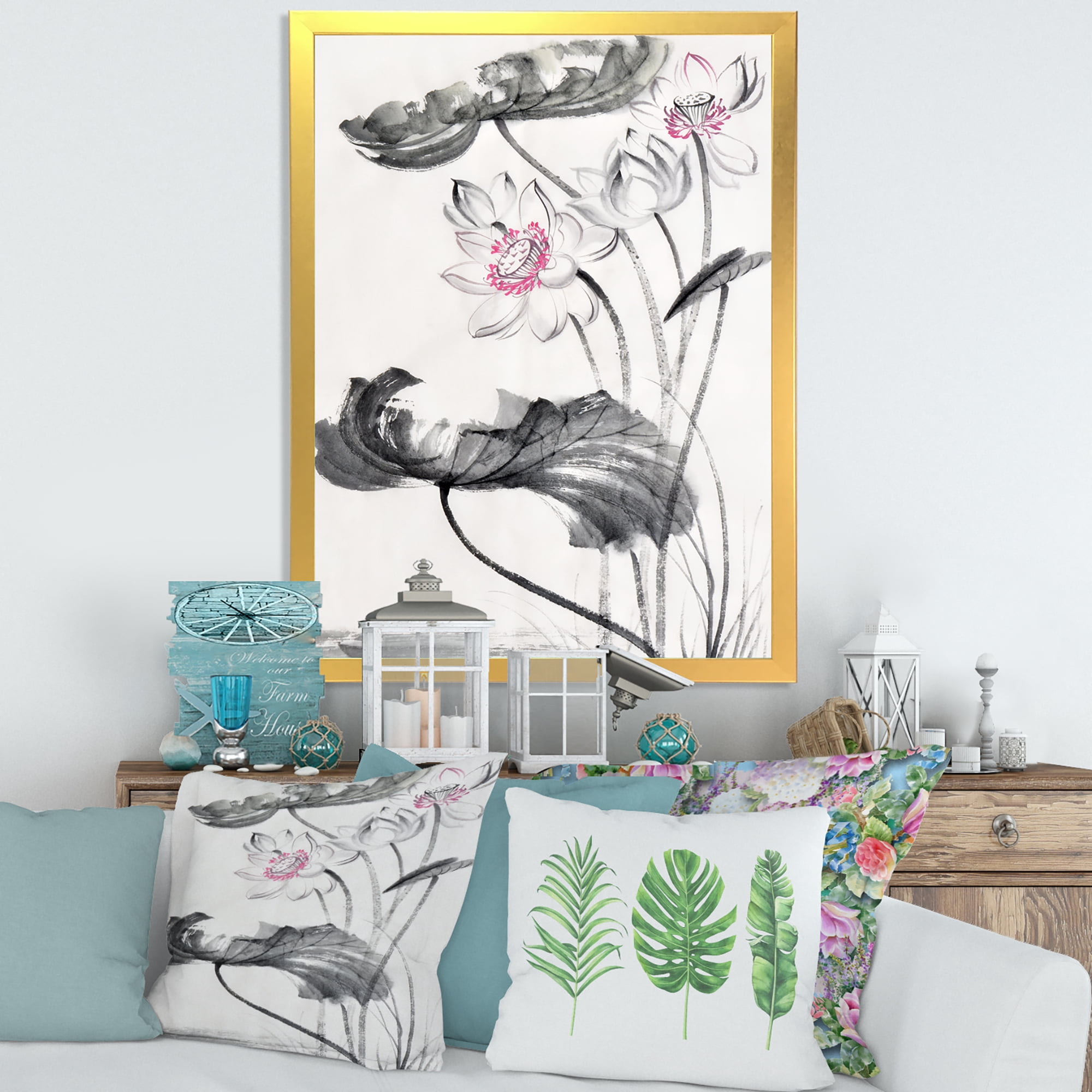 Designart 'Ancient Lotus Flowers' Traditional Framed Art Print