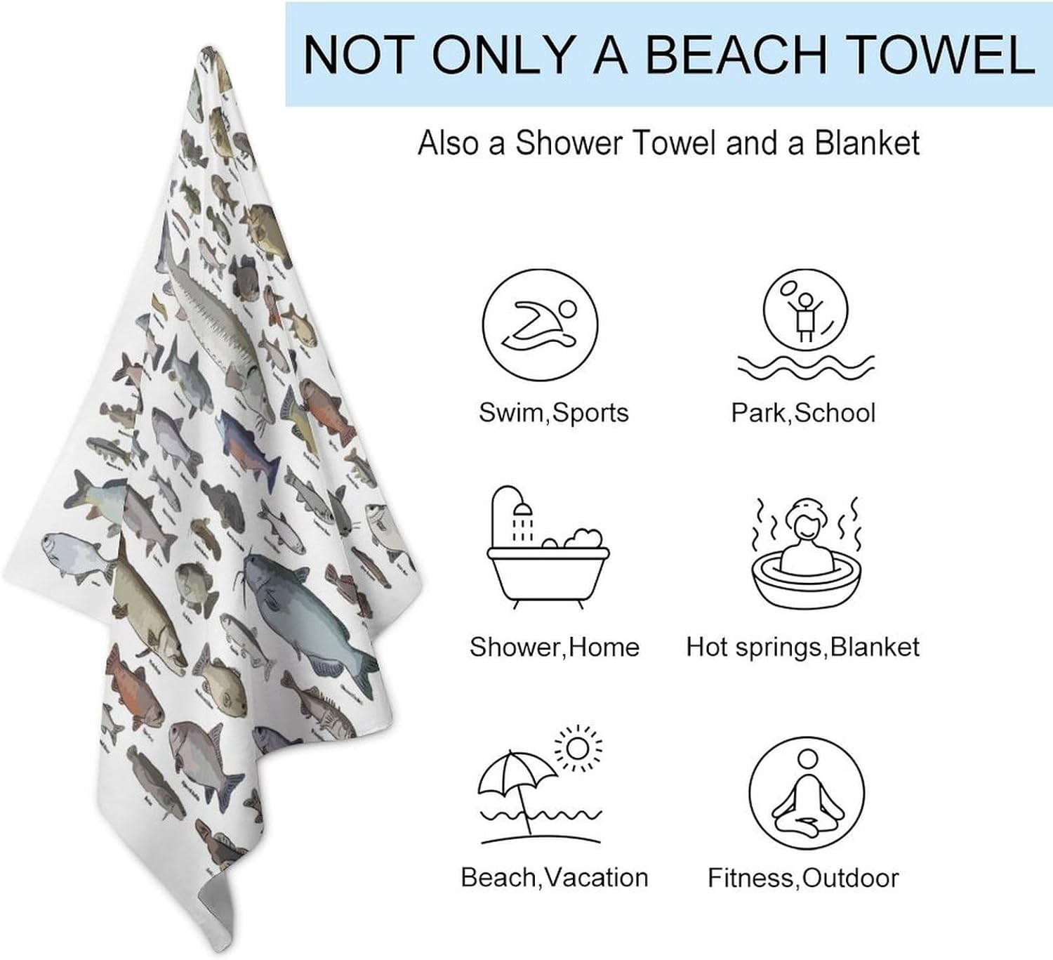 Men Women for Sea Fish Pattern Bath Towel, Beach Towel, Large Pool Towels, Quick Dry Bath Towel, Light Travel Towel, Blankets, Throw Blanket for Couch