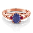 thumbnail image 2 of Gem Stone King 18K Rose Gold Plated Silver Blue Lapis and Red Created Ruby 3 Stone Engagement Ring for Women | 1.50 Cttw | Oval 8X6MM | Round 2MM | Gemstone Birthstone | Size 8, 2 of 4