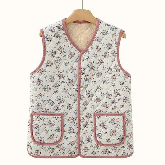 QUNYINEY Quilted Vests for Women 2025 Trendy Floral Sleeveless Fleece Coat with Pockets Loose Fit Button Down V Neck Jackets for Women Trendy