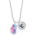 thumbnail image 1 of Delight Jewelry Silvertone Large Translucent Hot Pink & Blue Flying Butterfly Silvertone Script Initial Disc - C - Charm Necklace, 20"+3", 1 of 4