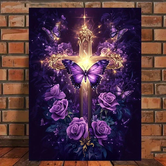 [Elegant Canvas Wall Art] Elegant Frameless Canvas Wall Art - Stately Cross with Purple Roses and Butterflies, Classic American Style, Vertical Orientation - Quiet Room Decor for Living Room, Bedroom