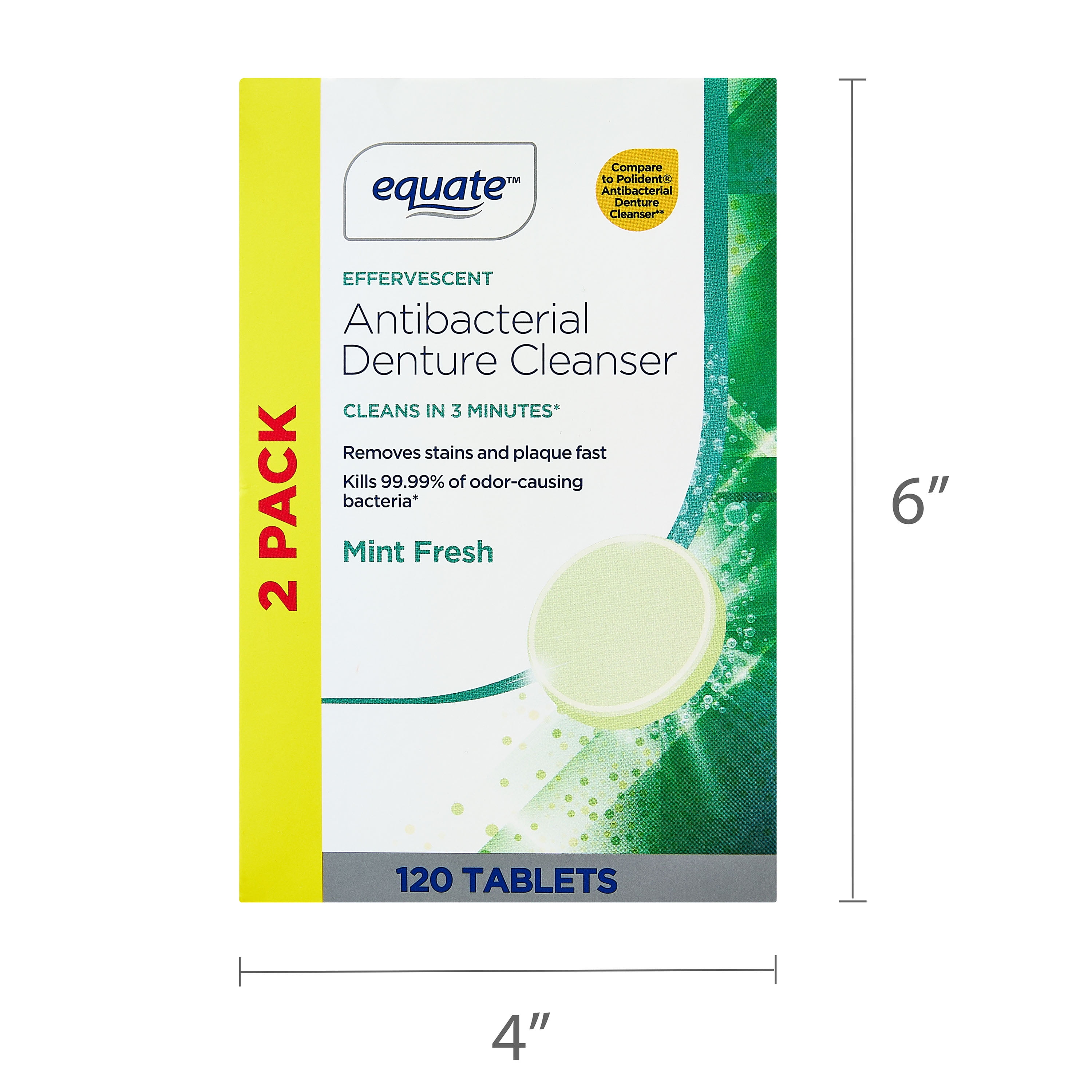 Equate Effervescent Antibacterial Denture Cleanser Tablets, Mint Fresh, 120 Count, 2 Pack
