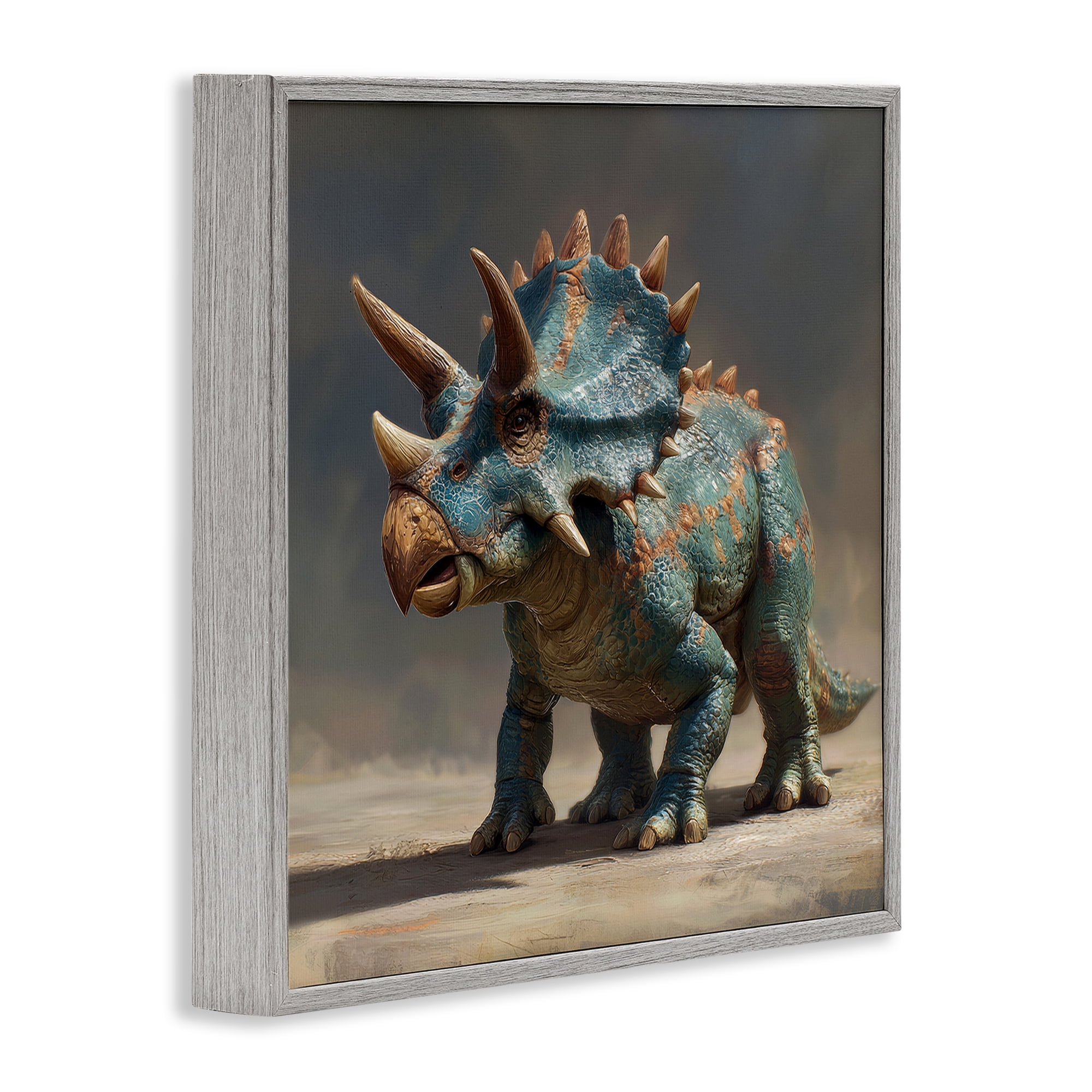 Stupell Industries Horned Triceratops at Sunrise Gray Framed Giclee Art, design by Wumples