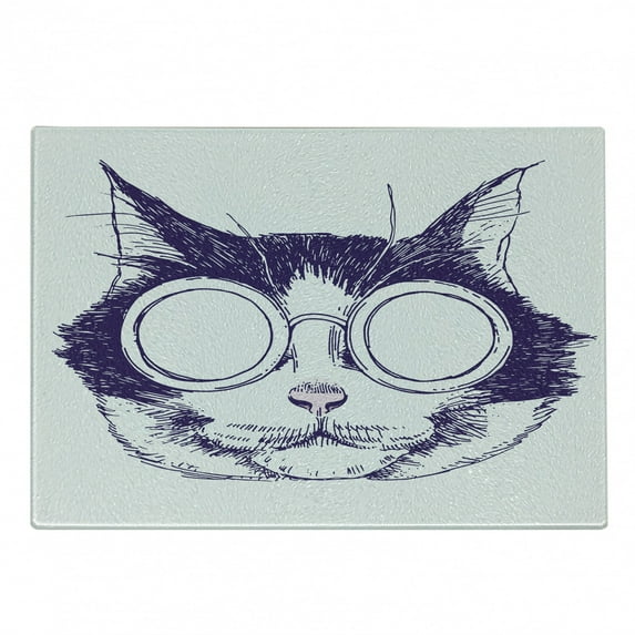Cat Lover Cutting Board, Funny Cool Cat Head Portrait with Sunglasses Sketchy Illustration, Decorative Tempered Glass Cutting and Serving Board, in 3 Sizes, by Ambesonne