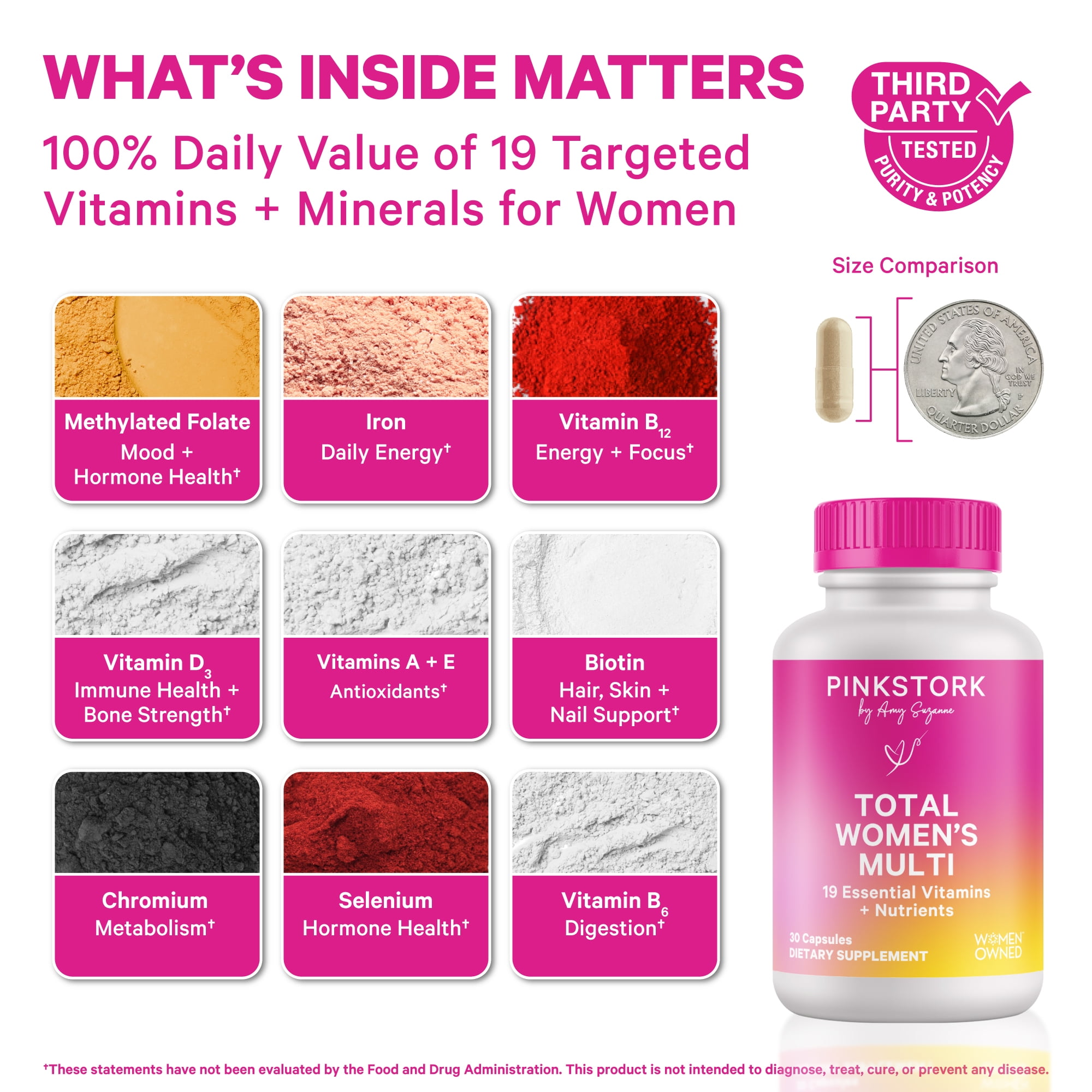 Pink Stork Women's Multivitamin with Folic Acid, Biotin, Vitamin D for Immune, Digestion & Energy - 60 Capsules
