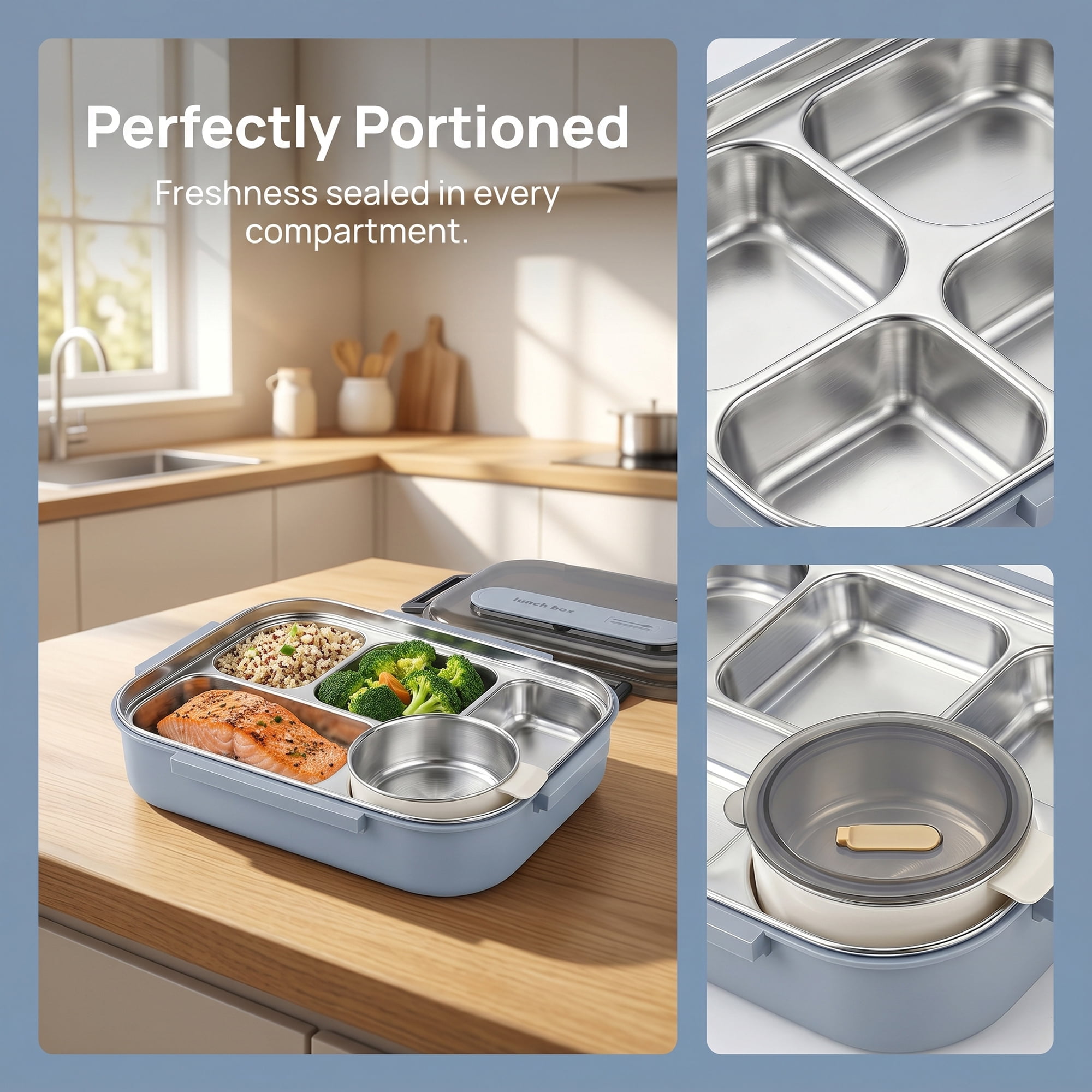 Unique Bargains Compartment Leak-Proof Meal Lunch Bento Box Blue-Gray-1