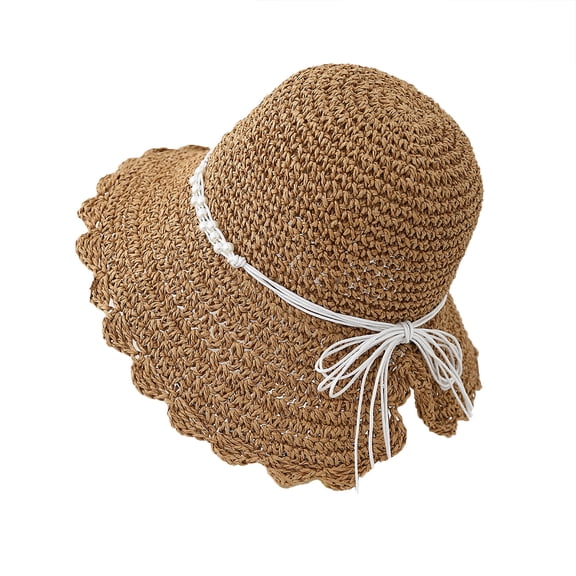 AJGRHE Women Summer Travel Straw Bucket Hat Breathable Lace Cutout Sunscreen Side Shade Coastal Outing Brown One Size