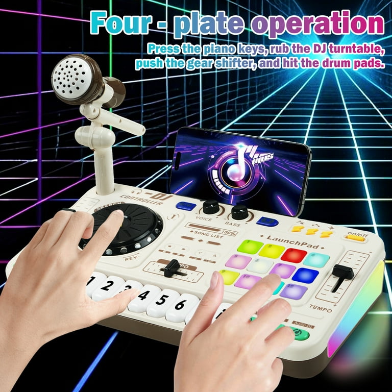 JBeeCtrl DJ Mixer for Kids with Microphone, Piano&BT Light up DJ