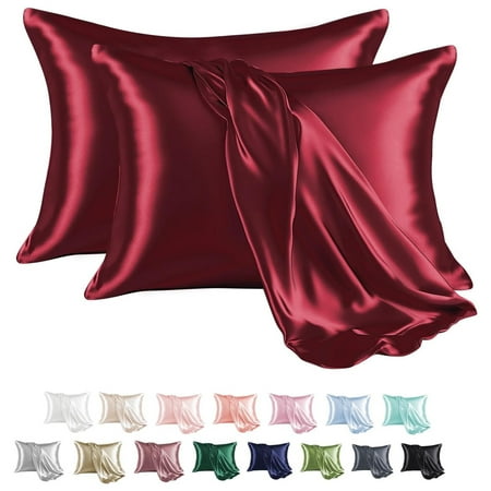 MR&HM Satin Pillow Case 2 Pack Satin Standard Silky Pillowcase for Hair and Skin Satin Pillowcase Set of 2 20x26 Burgundy