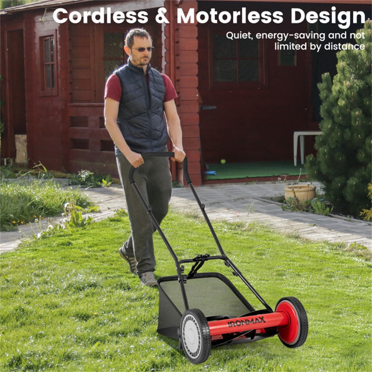 16" Red Push Lawn Mower – 5-Blade Cutting System 7 Gal Grass Catcher Bag & Adjustable Height