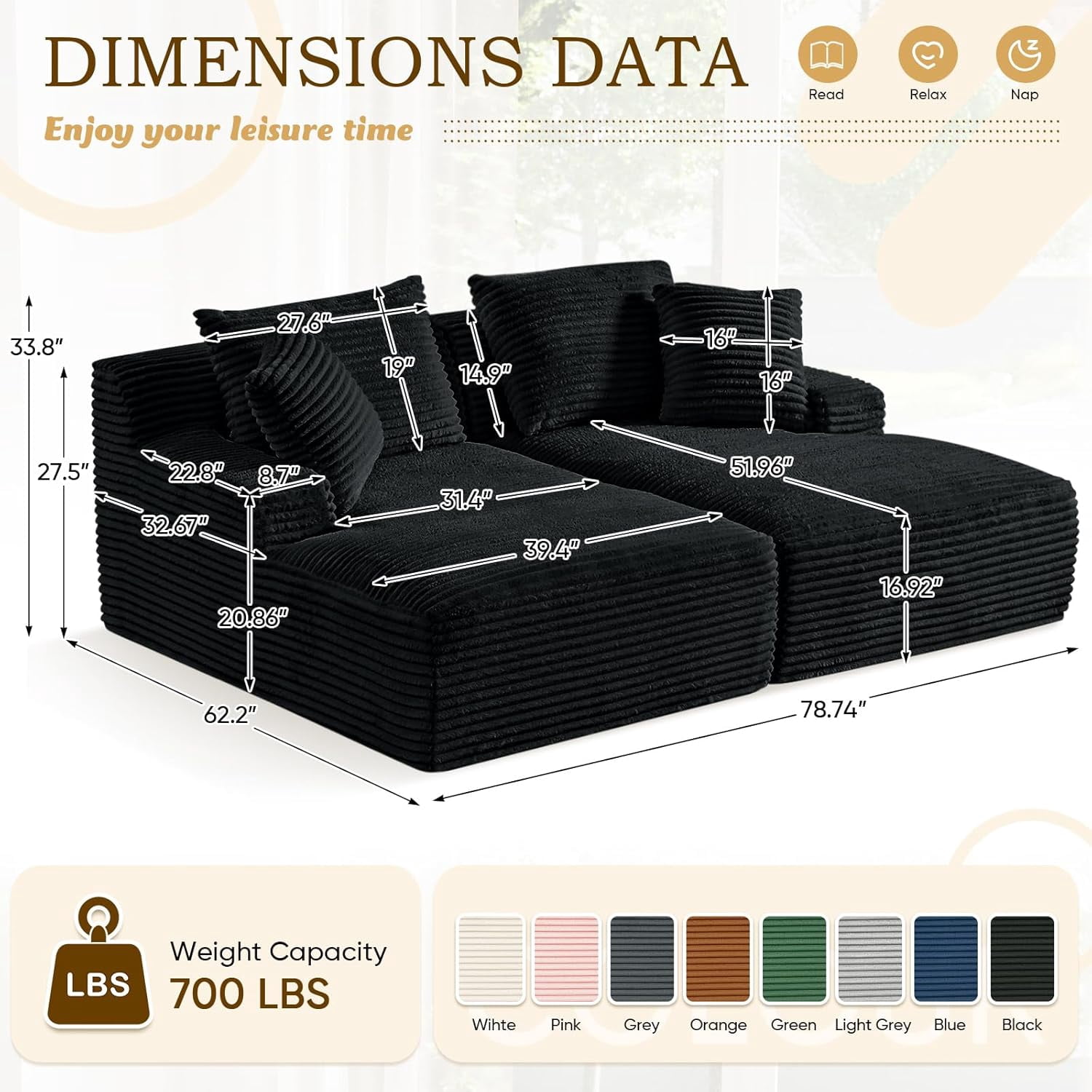 AENKYO Compressible Double Chaise Lounge Sectional Couch - Fluffy Upholstered 2-Seater Loveseat for Living Room, Bedroom, No Assembly Required, Black