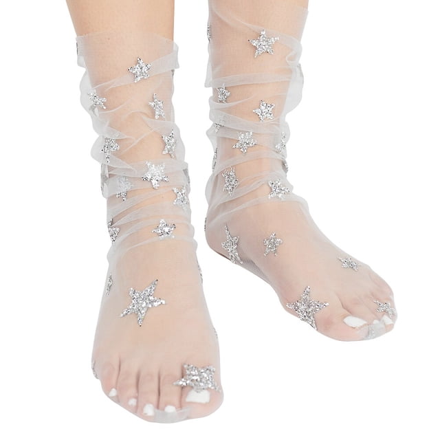 Calcetines tobilleros elásticos transparentes con estrellas y purpurina para mujer (gris)