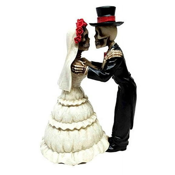 LOVE NEVER DIES THE KISS BRIDE AND GROOM STATUE COUPLE ETERNAL SKELETONS