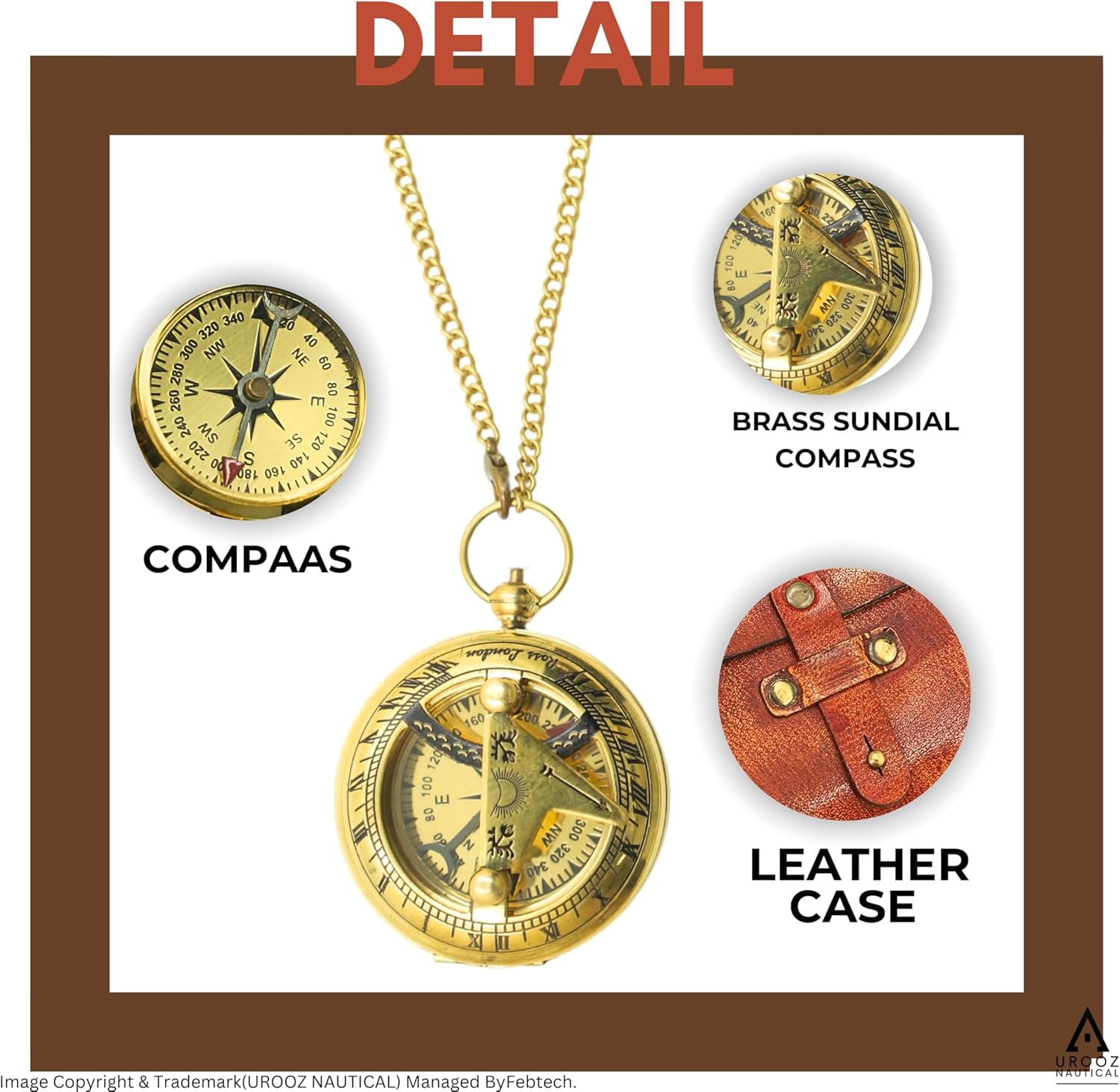 Solid Brass Sundial Compass in Leather Case | Pocket Chain Compass Graduation Day Gifts for Men, Birthday Gifts for Men/Boys, Father to Son Gifts, Baptism Gifts for Boys
