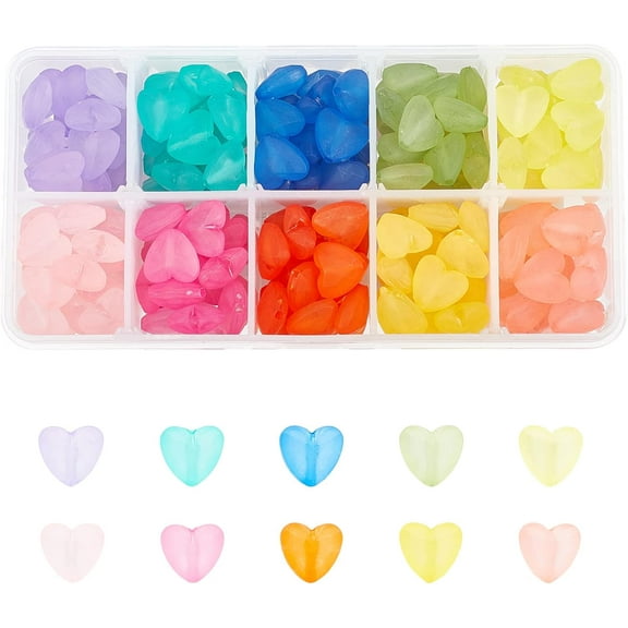 200Pcs 10 Colors Acrylic Heart Beads Transparent Frosted Heart Beads for Hair Braids Bracelet Necklace Jewelry Making 12x12.5x7mm Hole: 1.6mm