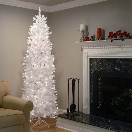 National Tree Company Kingswood 7 Foot Artificial Slim Pencil Profile Prelit Christmas Tree with 300 Warm White Lights and Stand, White