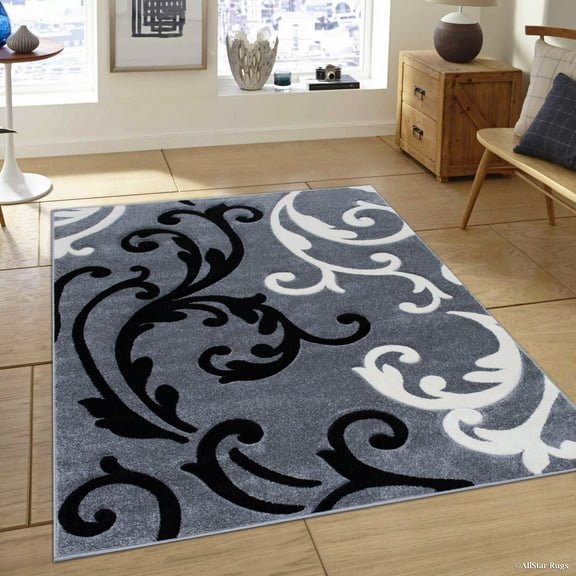 Grey Allstar with White and Black Floral Design Modern Geometric Area Rug (3' 9" x 5' 1")
