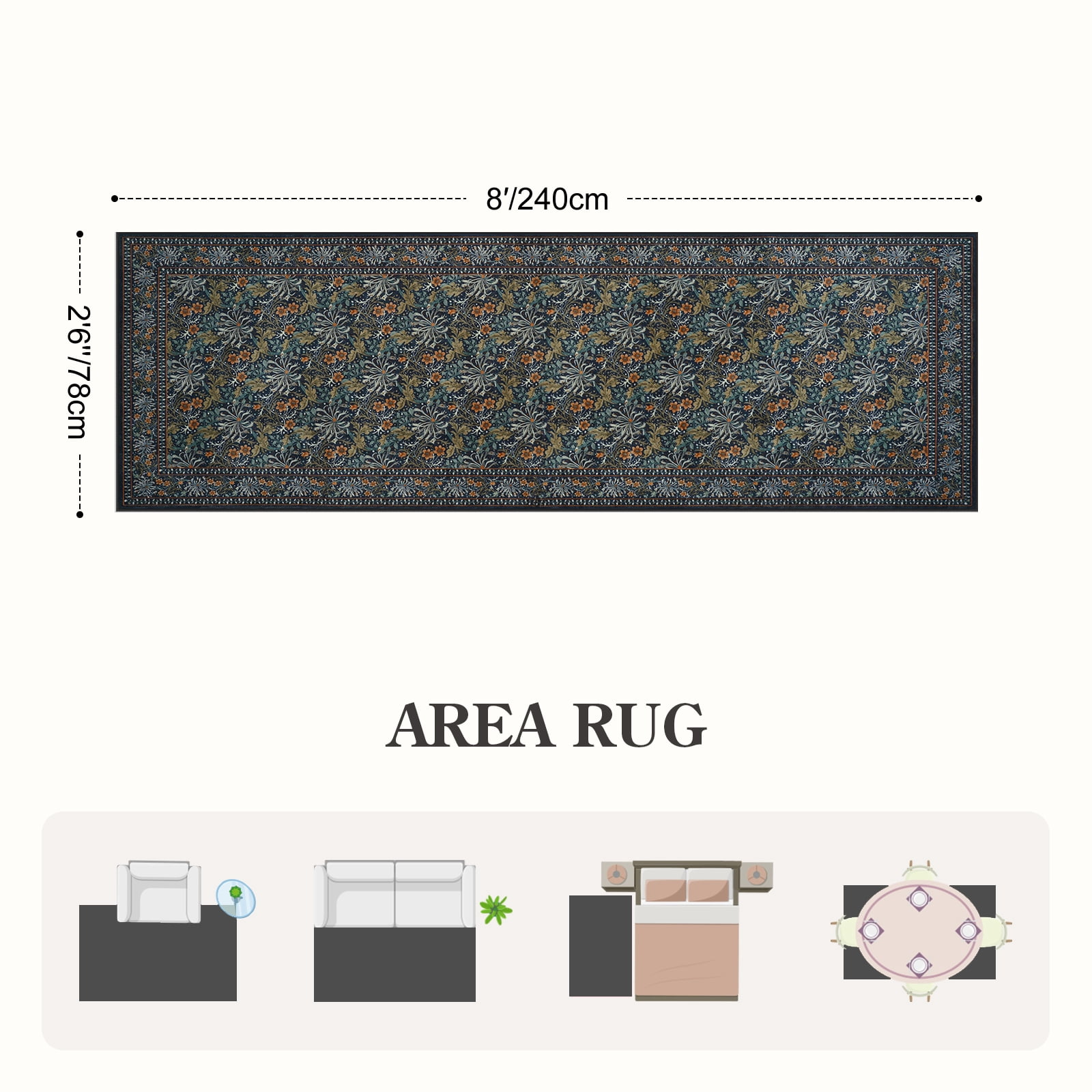 SUNDEREY 2'6"x8' Vintage Floral Kitchen Rug,Runner Rugs 2.6x8ft Boho Hallway Rug,Non Slip Washable Rug,Soft Non-Slip Khaki Indoor Carpet for Entryway Laundry Bedroom,Dark Green
