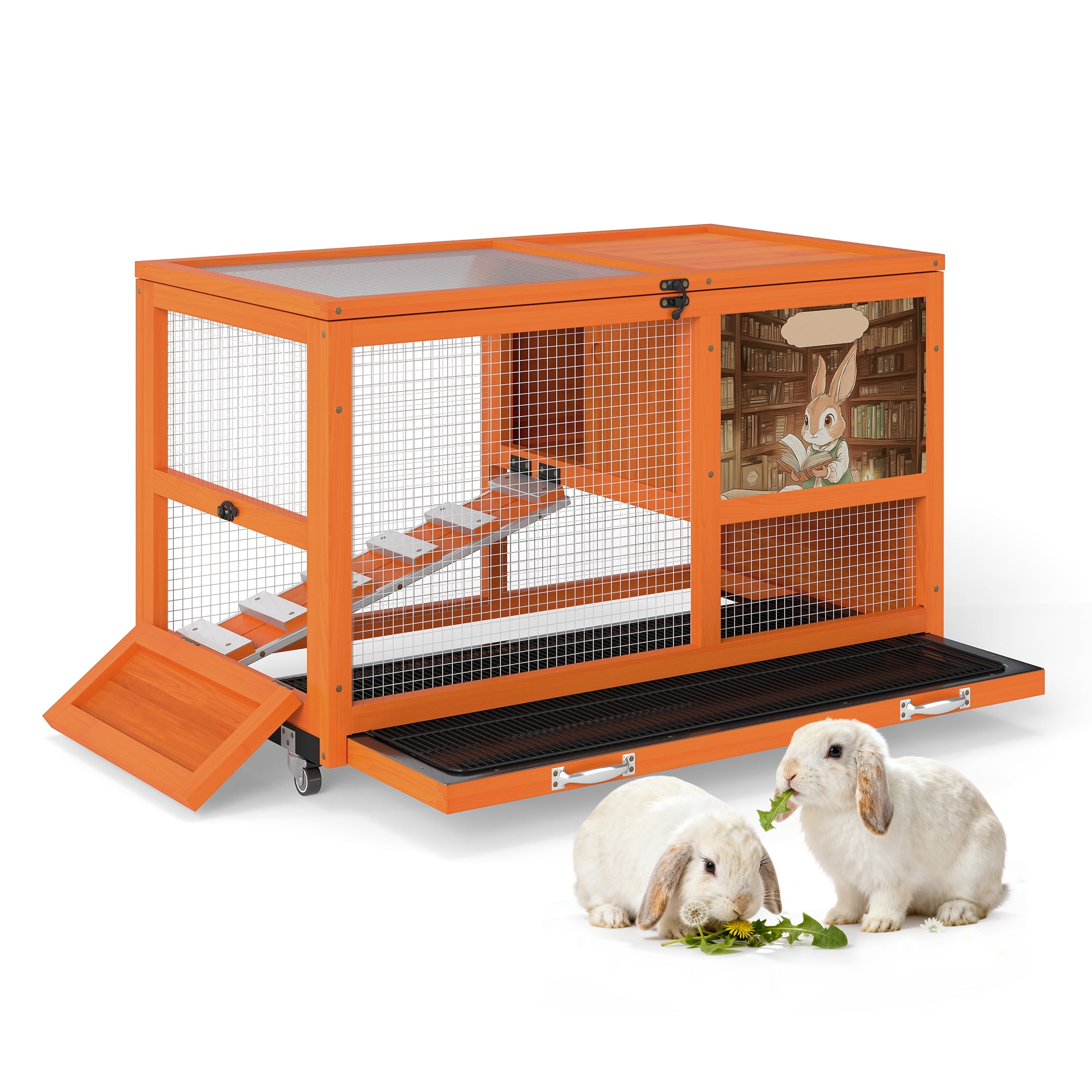 Fashion Wooden 36Inches Rabbit Hutch Outdoor with wheels Bunny Cage Indoor&Pull Out Tray, Openable Roof