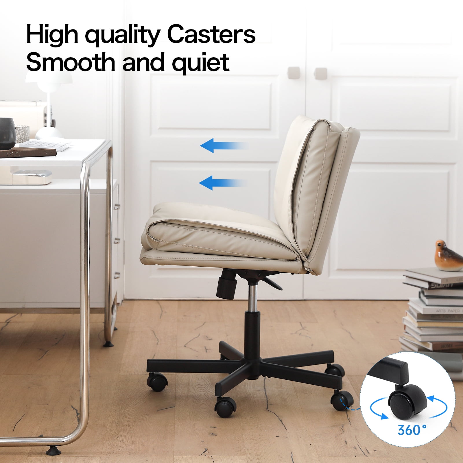 LEAGOO Criss Cross Chair with Wheels, Armless Cross Legged Office Chair, Comfy PU-Leather Desk Chair, Modern Swivel Height Adjustable Computer Task Chair, Wide Seat Cute Chair for Home Office(Beige)