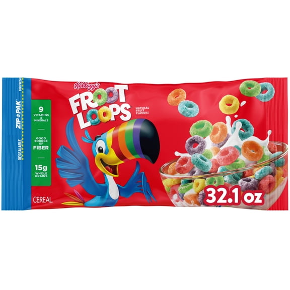 Kellogg's Froot Loops Original Breakfast Cereal, Good Source of Fiber Bag, 32.1  oz