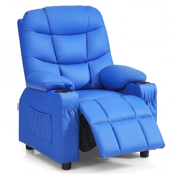 MULTIGOT Kids Youth Recliner Chair PU Leather w/Cup Holders & Side Pockets Blue