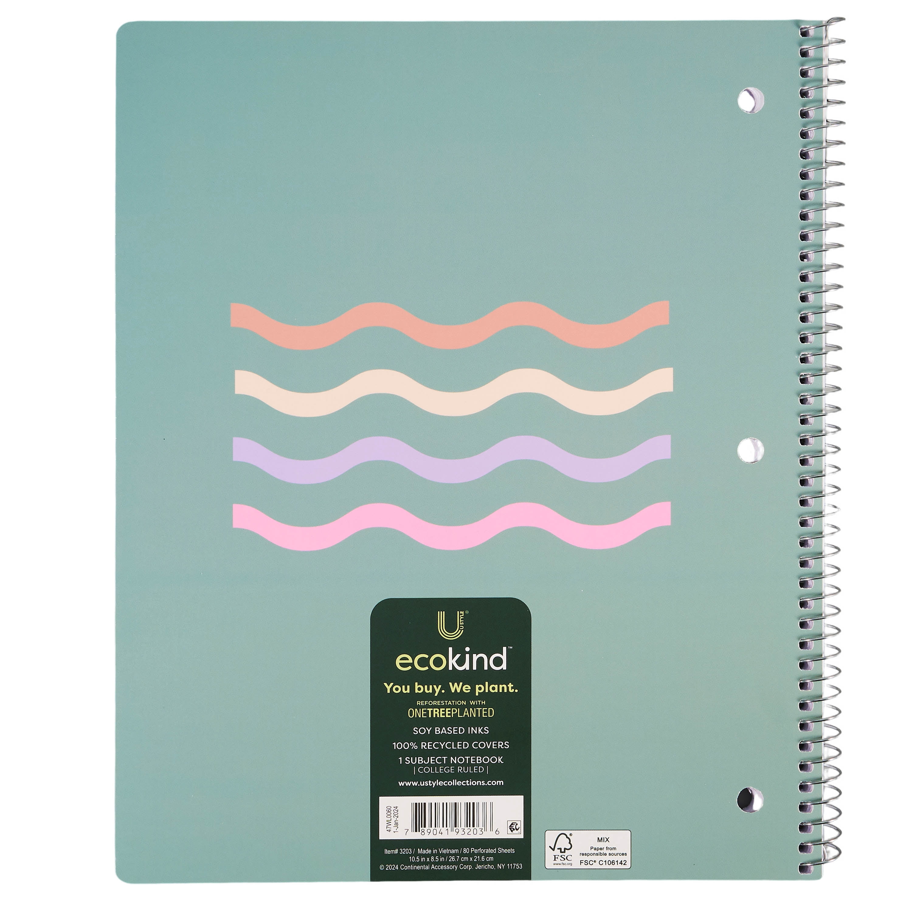 Ecokind by U Style Happiness Wave 1 Subject Notebook, 8.5" x 10.5", 80 Sheets, College Rule