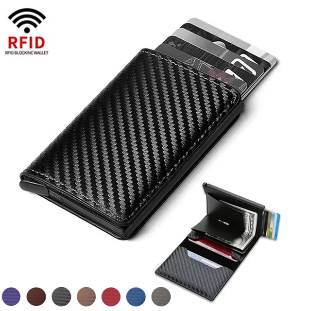 Men's Carbon Fiber Card Holder Metal Smart Wallet Slim Minimalist Small Black Wallet