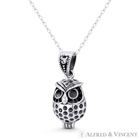 Perched Owl Bird Animal Charm 28x12mm (1.1x0.5in) Pendant & Chain Necklace in Oxidized .925 Sterling Silver