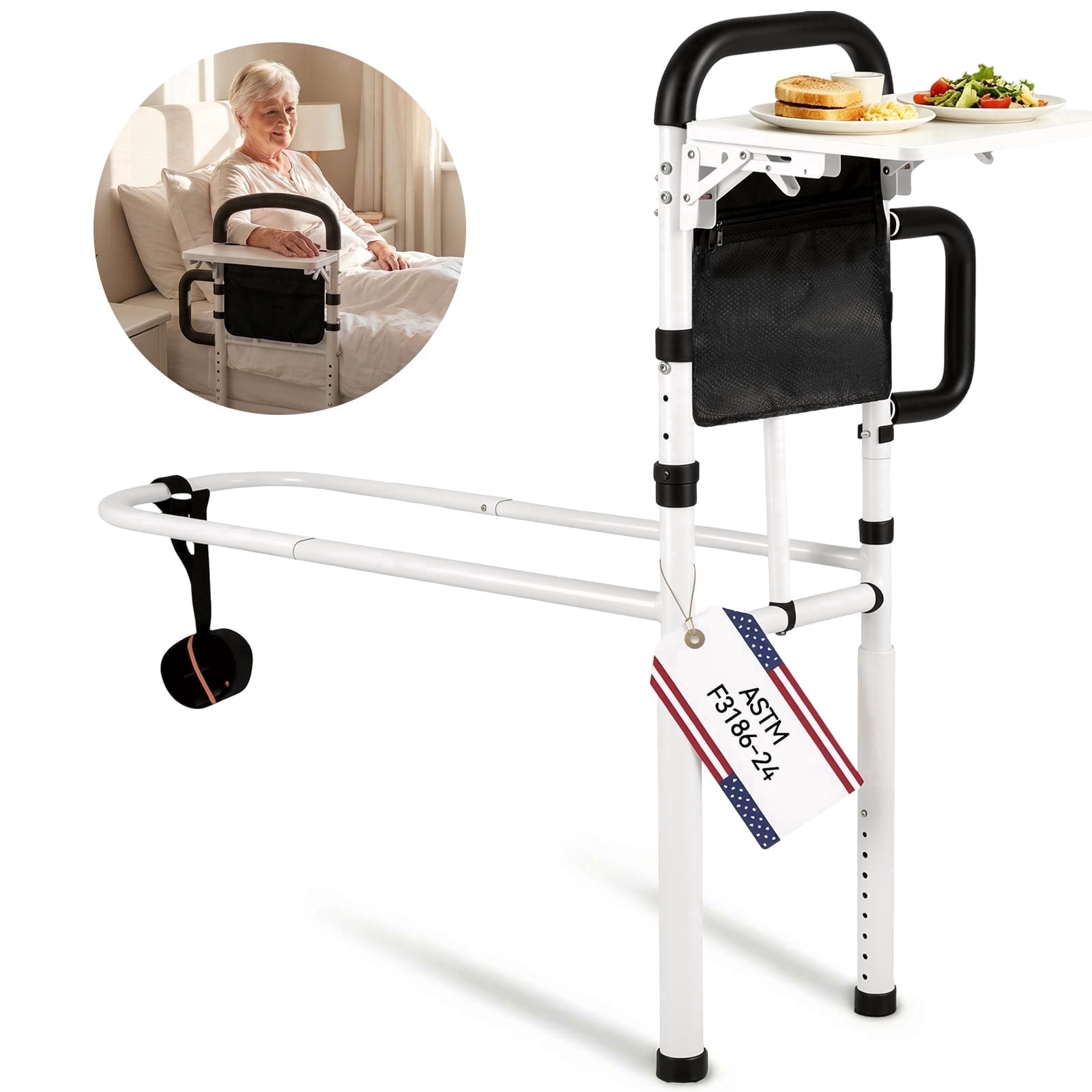 Bed Rails for Seniors Safety Guard with Side Table, Bed Assist Rail for Elderly Adults with Free Storage Bag and Fixing Strap