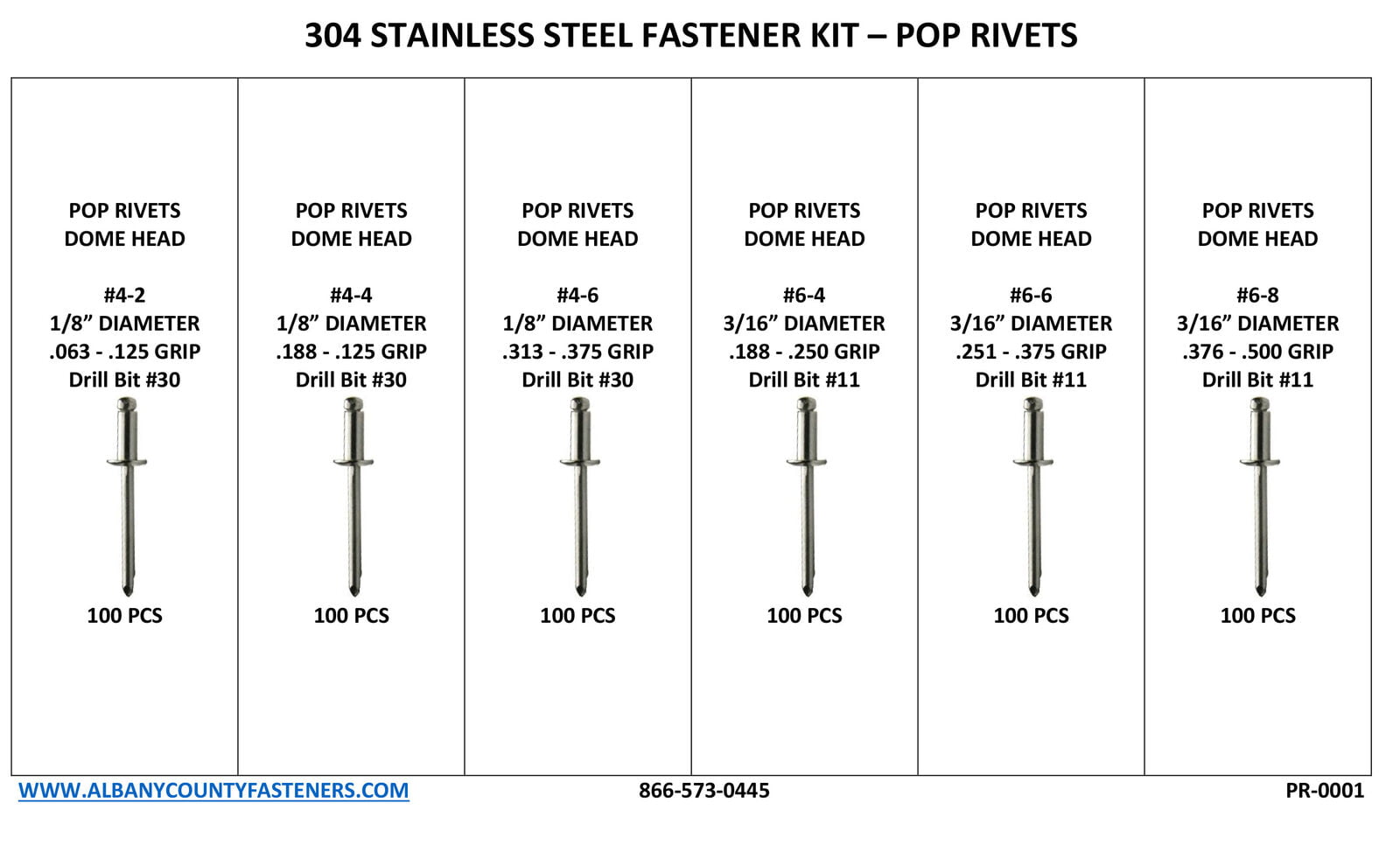 Stainless Steel Domed Pop Rivet Fastener Assortment Kit 42-68 601 Pieces 