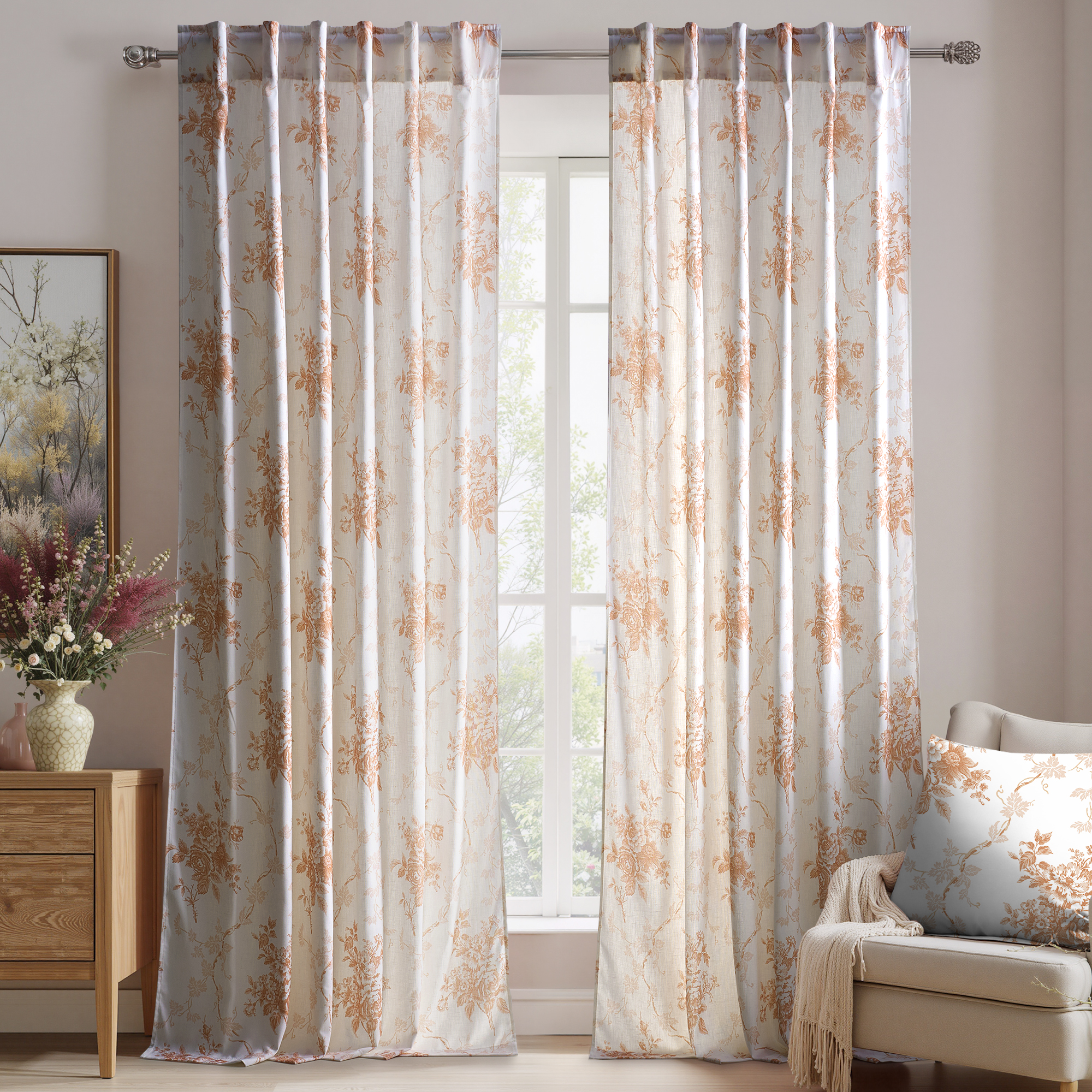 NICETOWN Linen Curtains for Bedroom, Luxury Floral Printed Faux Belgian Linen Curtains Light Filtering Modern Linen Drapes Back Tab Privacy Protection Window Treatments, Brown, 52"x84", 2 Panels