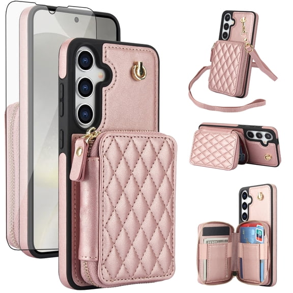 Compatible with Samsung Galaxy S24 Plus/S25 Plus S24  S25  5G Wallet Phone Case Tempered Glass Screen Protector Wrist Crossbody Strap Stand Credit Card Holder RFID Slot Cell Cover for Girls Rose Gold