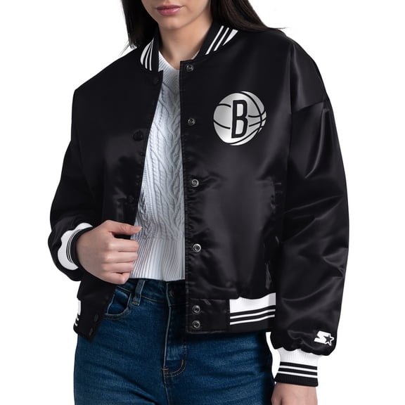 Women's Starter  Black Brooklyn Nets Arch Stripe Full-Snap Satin Varsity Jacket