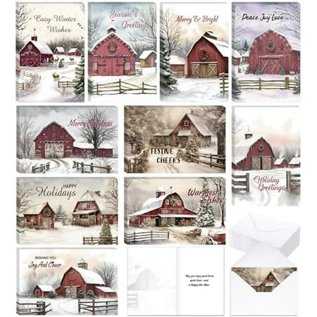 50 Set Christmas Winter Barn Greeting Cards with Envelopes 10 Designs Vintage Rustic Winter Farmhouse Holiday Snow Scene Cards for Christmas Holiday Gift Supplies, 6 x 8 Inch$$Office