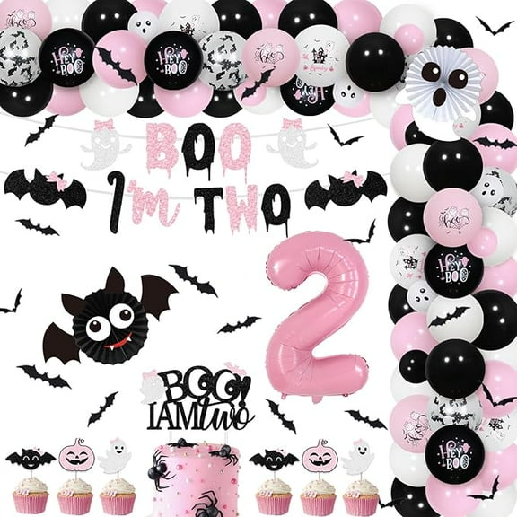 Halloween 2nd Birthday Decorations Girl, Boo I’m Two Banner & Cake Topper, Black Pink White Balloon Garland Arch Kit with 3D Bat Wall Stickers Number 2 Foil Balloons for Second Bday Party