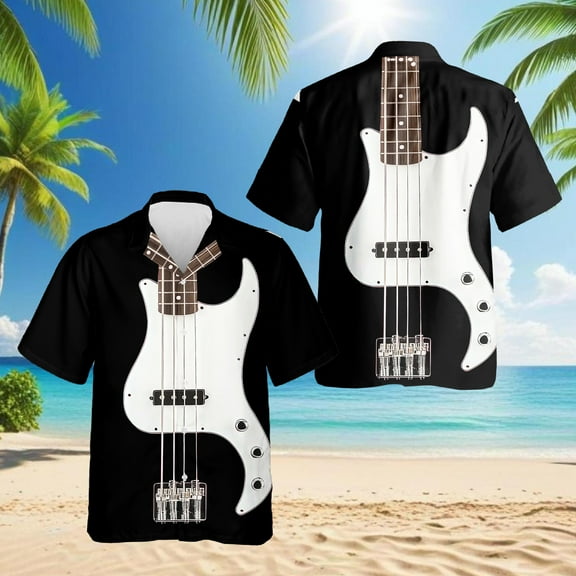 Bass Guitar Hawaiian Shirt for Men, Vintage Style, Button Down Summer Beach Short Sleeve, S-5XL