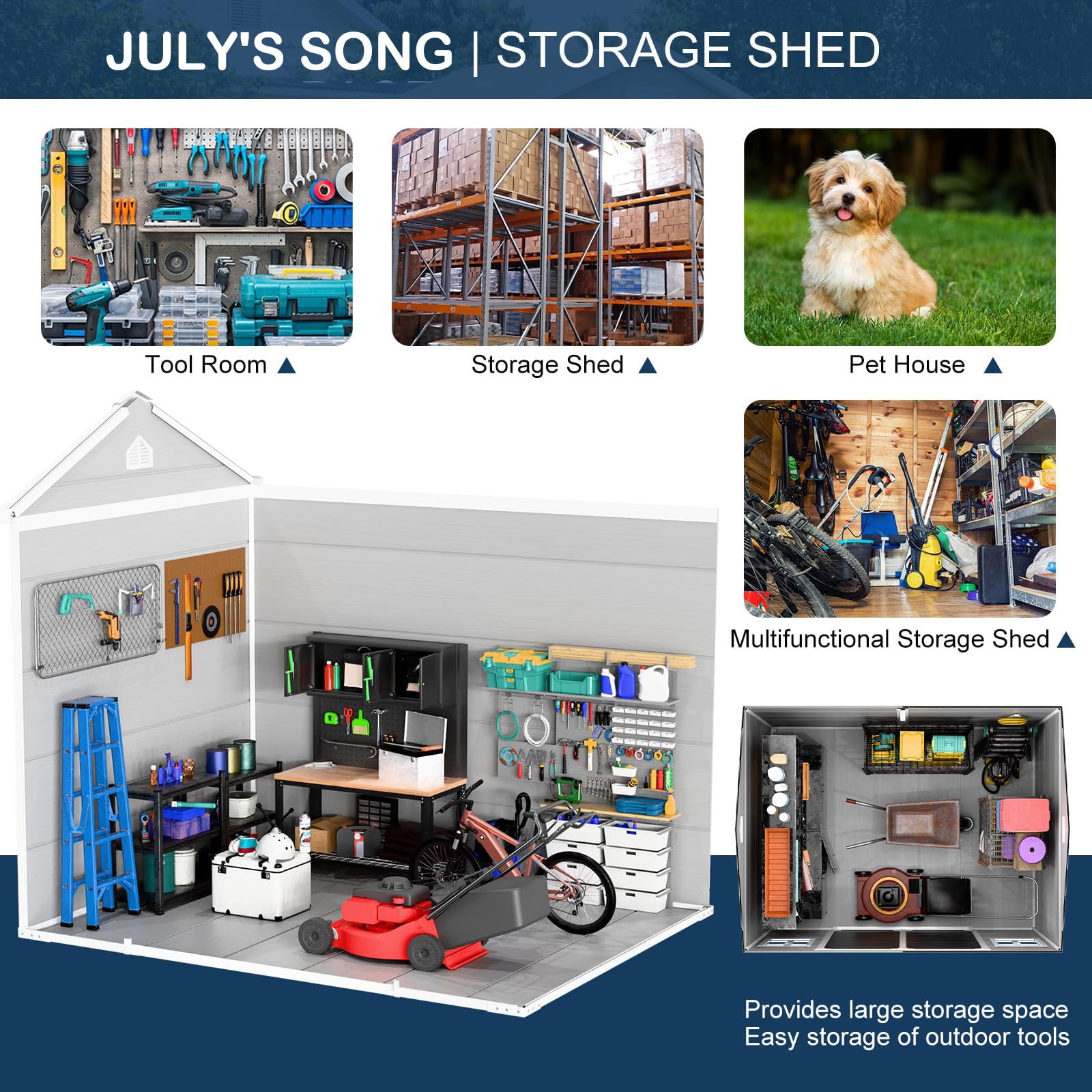 JULY'S SONG 8x6 Outdoor Storage Shed with Openable Windows, Heavy Duty Resin Sheds with Floor & Lockable Doors, Plastic Storage Cabinets for Outside, Grey