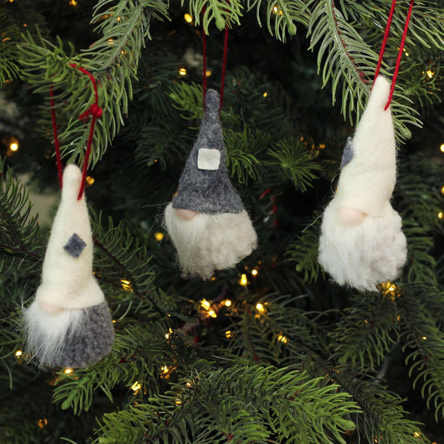 Set of 3 Plush Gray and Cream Decorative Gnome Hanging Christmas Ornaments 3.75"