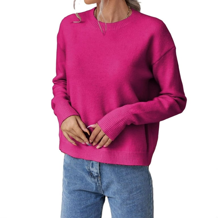 Womens Sweaters Casual Plain Round Neck Pullovers Hot Pink L ...