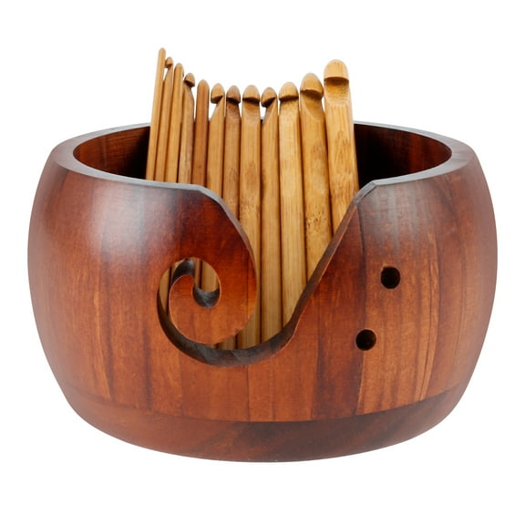 Grusce Yarn Bowl Holder with 12pcs Crochet Hooks Wood Yarn Bowl Curling Grooves Design Knitting Bowl Smooth Knitting Yarn Bowl for Knitters Crocheters Craft