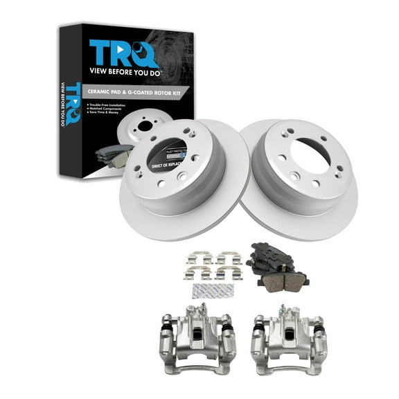 TRQ Rear Brake Pad & Rotor Kit Brake Caliper Brake Pads Brake Rotor Ceramic Premium G-Coated Fits Select 2016 Kia Sportage