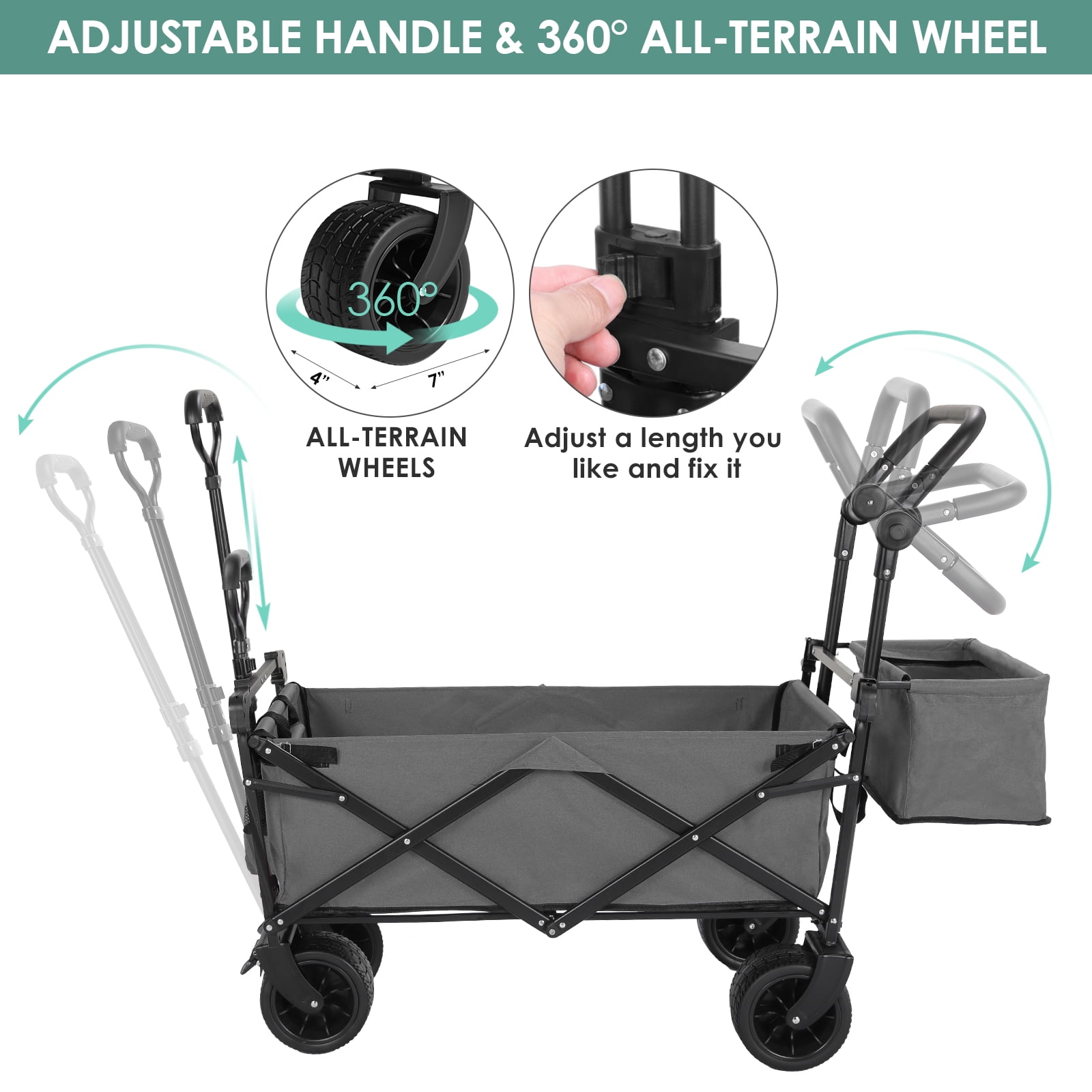 Pirecart Collapsible Wagon Cart, Outdoor Foldable Utility Beach Wagon with Removable Canopy, Cup Holder, Gray