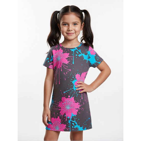 Girls Short Sleeve Dress Comfort-Fit Daily Style All-Season Casual Dress for Little Girls Age 5-10 Back to School