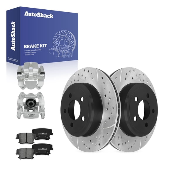 AutoShack Rear Vented Drilled & Slotted E-Coated Brake Rotors   Premium Ceramic Pads   Calipers 8-PC Brake Kit Replacement for 2006-2013 Dodge Charger ShadowGuard 12.59" (319.8 mm)